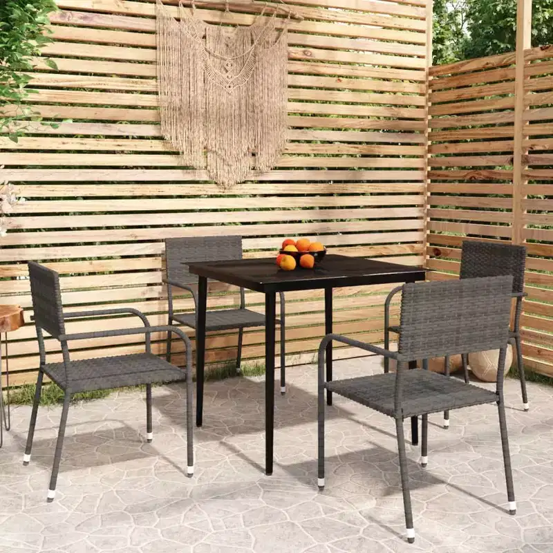 vidaXL Garden Dining Set Grey PE Rattan, Steel, Glass 5-Piece Stackable - 31.5 Table Length Gray 4 Items