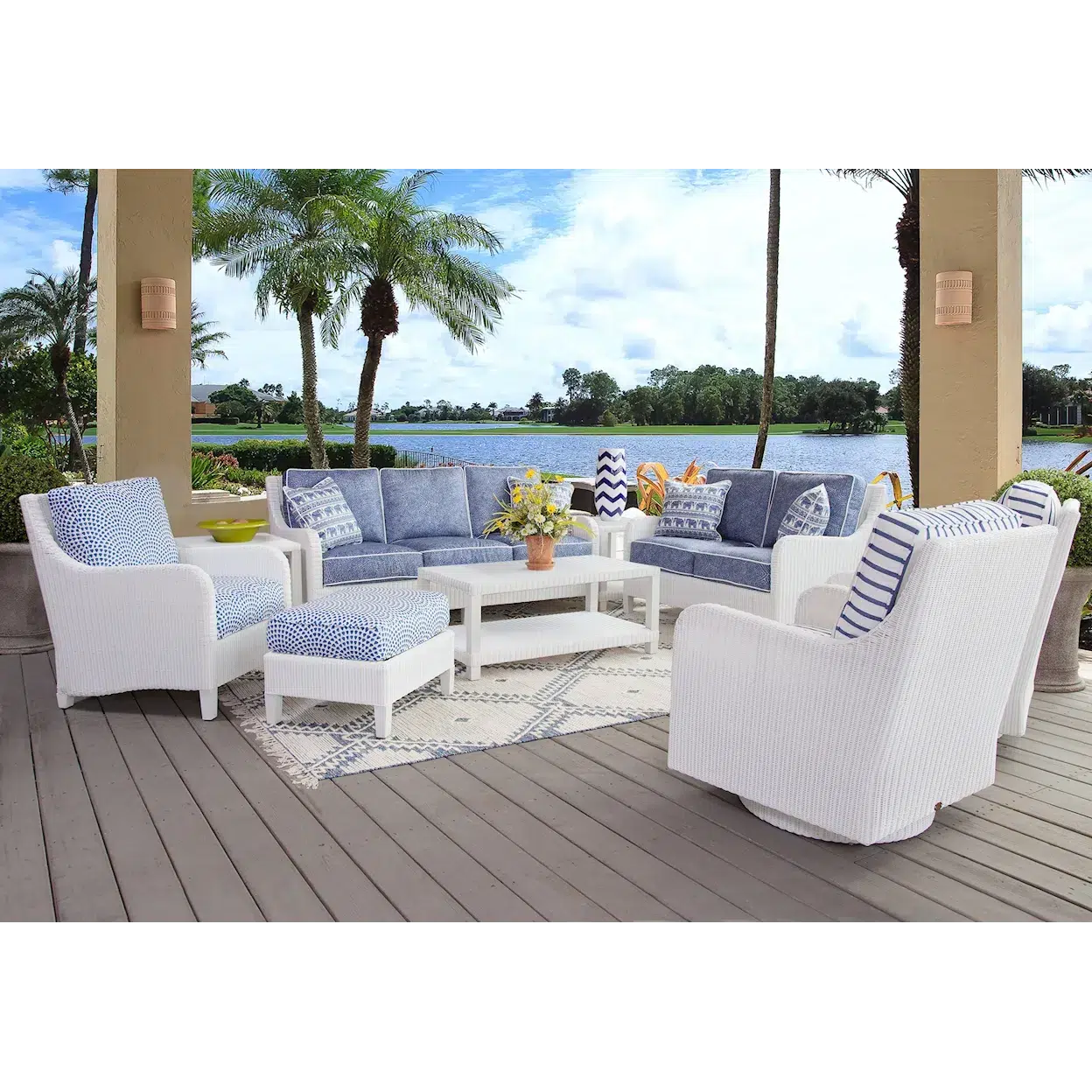 Outdoor Sofa White Wicker Three-Seat with Gray Cushions