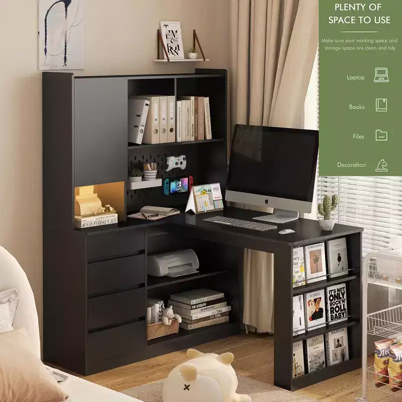 46-Inch L-Shaped Corner Desk with Bookshelf and Drawers