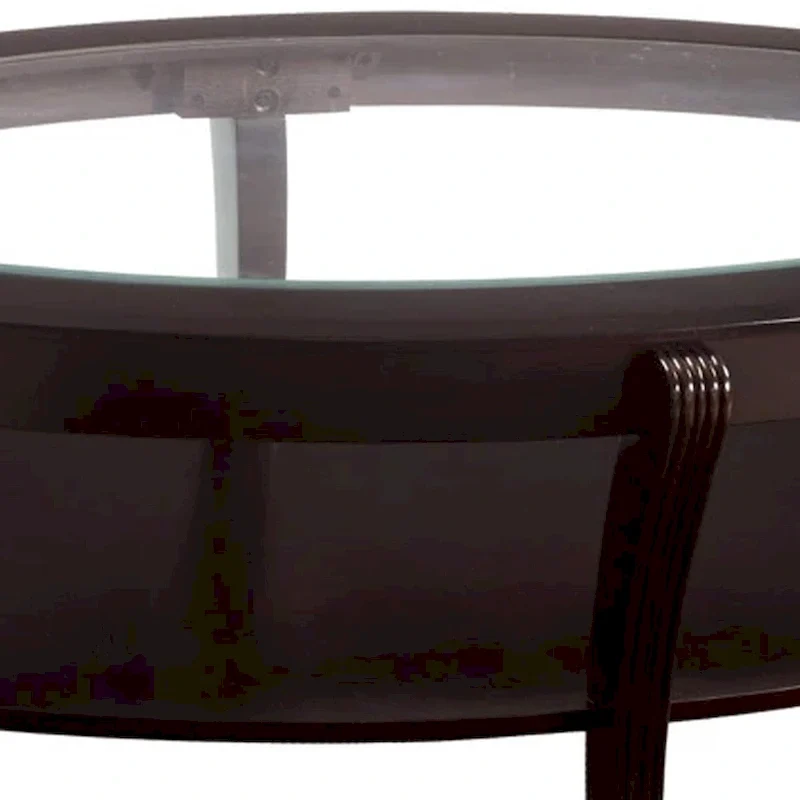 Oval Wooden Cocktail Table with Glass Insert and Open Shelf, Espresso Brown