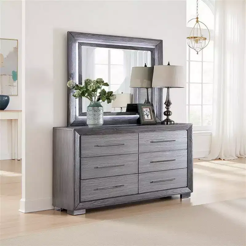 Dresser Mirror with White LED Lights, 46 Inch Gray Solid Wood Frame