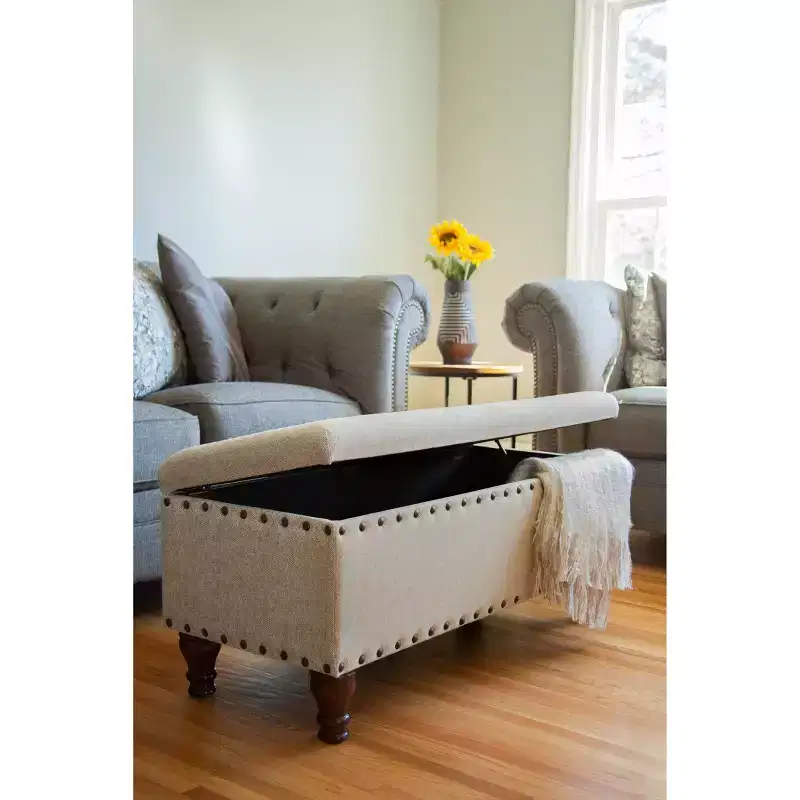 Large Storage Bench with Nailhead Trim, Linen Fabric
