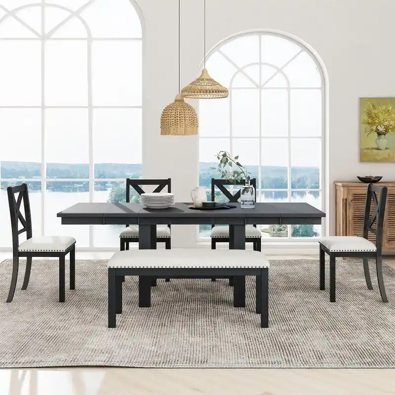 6-Piece Dining Kitchen Table Set, Extendable Wood Dining Table, 4 Upholstered Dining Chairs and Bench, Two 11 Removable Leaf