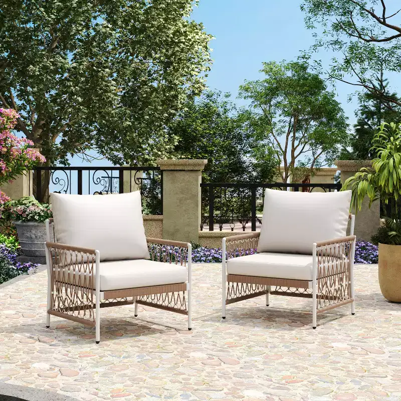 Christopher Knight Home Miles Bohemian Patio Lounge Chair with Handwoven Rope and Cushions (Set of 2)