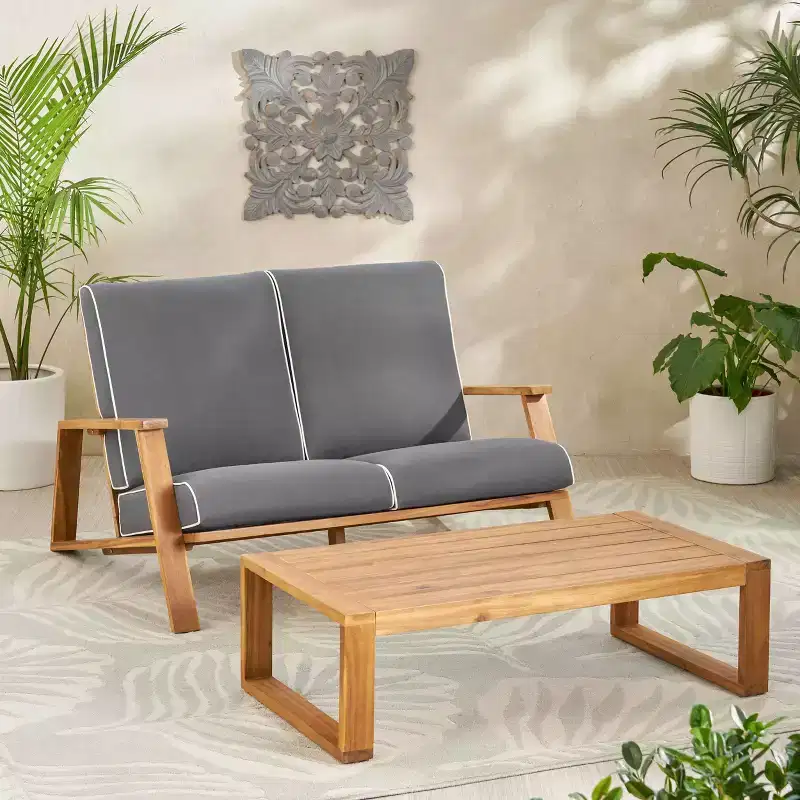MAYEERTY 2-Piece Patio Conversation Set, Solid Acacia Wood Adirondack Loveseat Coffee Table with Weather Resistant Cushions