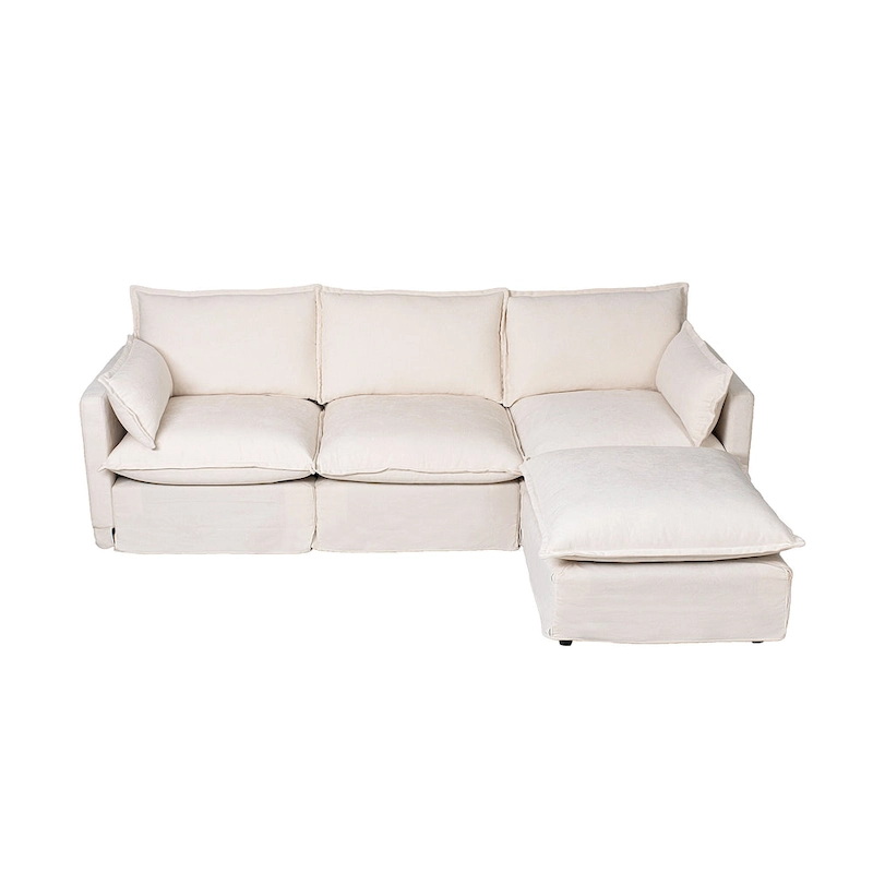 93.31 Faux Linen Modular Sectional Sofa with Ottoman, Wood Frame