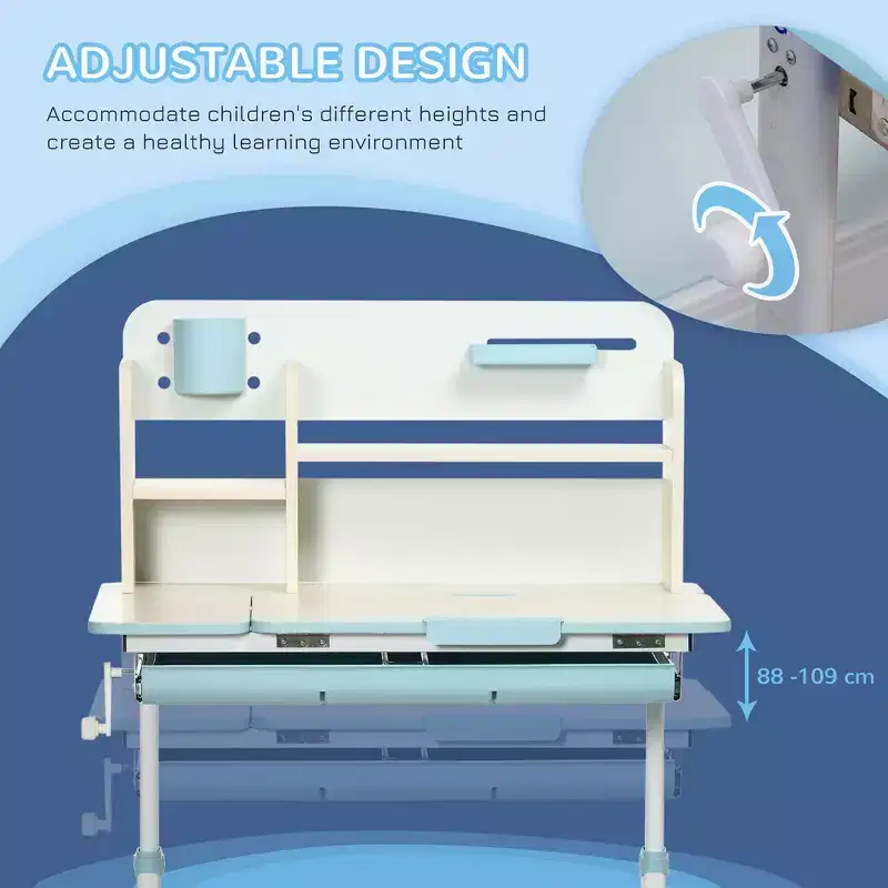 Whisen Kids Adjustable Desk, Student Writing Desk, Kids Tilting Desk with Tilt Desktop, Drawer - Blue