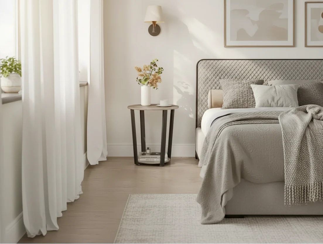 End Table, Round Side Table with Storage Shelf, Easy Assembly, Industrial Accent Furniture with Steel Frame