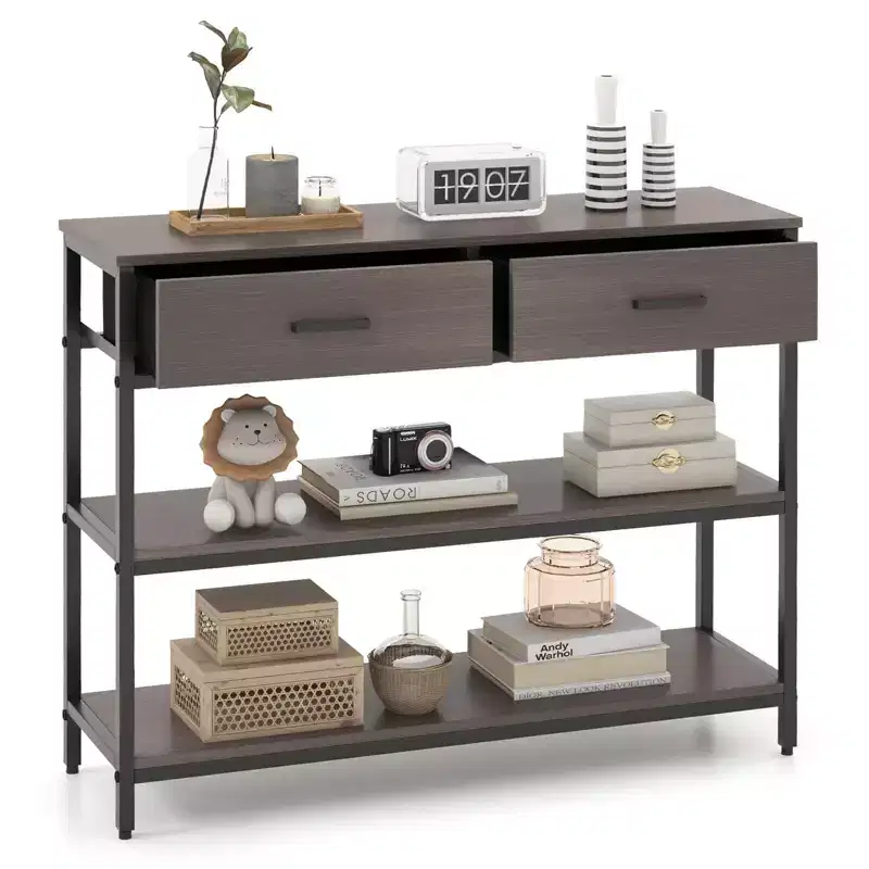 Costway Console Entryway Table Sofa Side Table with Folding Fabric Drawers for Living Room Gray/Rustic Brown