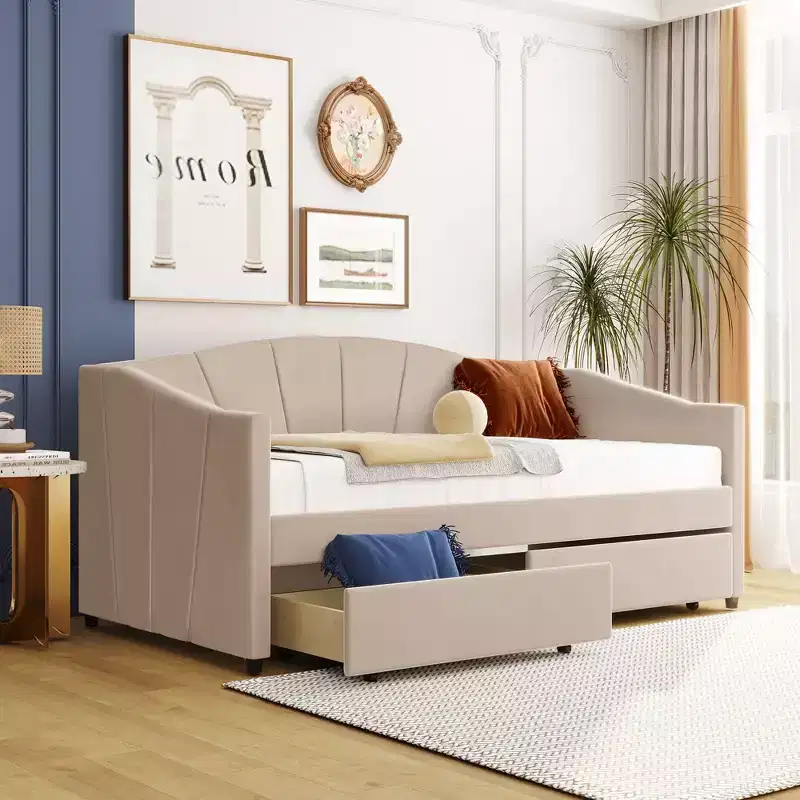 Twin Size Upholstered Daybed with Storage Drawers, Velvet L-Shaped Sofa Bed with Headboard and Armrest for Bedroom