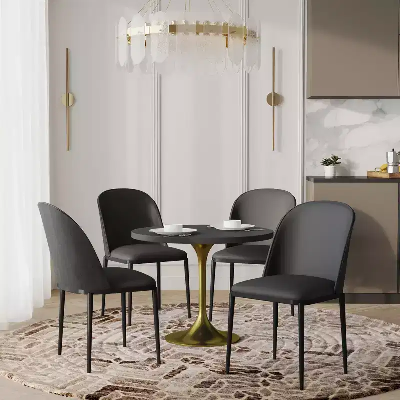 LeisureMod Verve 5-Piece Dining Set - 36 Round MDF Top Table, 4 Leather Dining Side Chairs