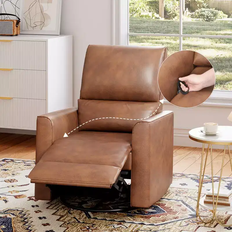 Swivel Rocking Recliner Chair, Manual Faux Leather Upholstered Glider Rocking Nursery Recliner with Lumbar Support for Living Room Bedroom
