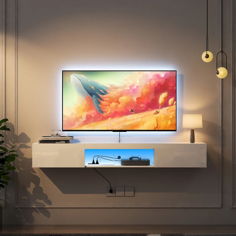 White 63 Floating TV Stand with Storage, LED Lights & Power Outlet for TVs Up to 60