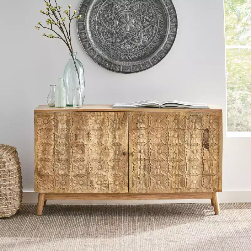 Acacia Wood Storage Sideboard with Shelves and 2 Doors
