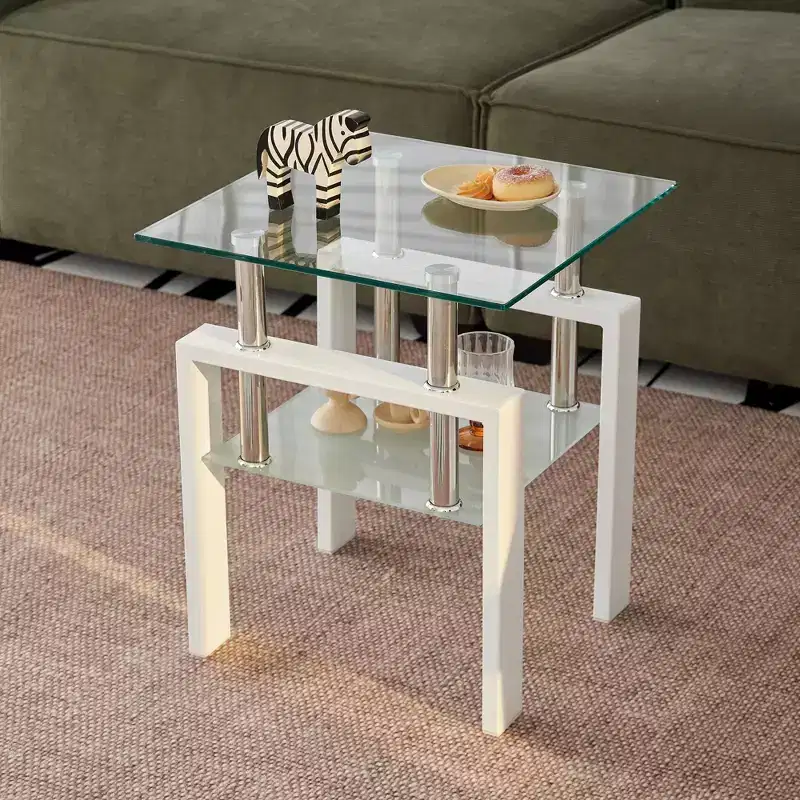 White Tempered Glass End Table, 2-Tier Side Table with Storage for Living Room and Bedroom