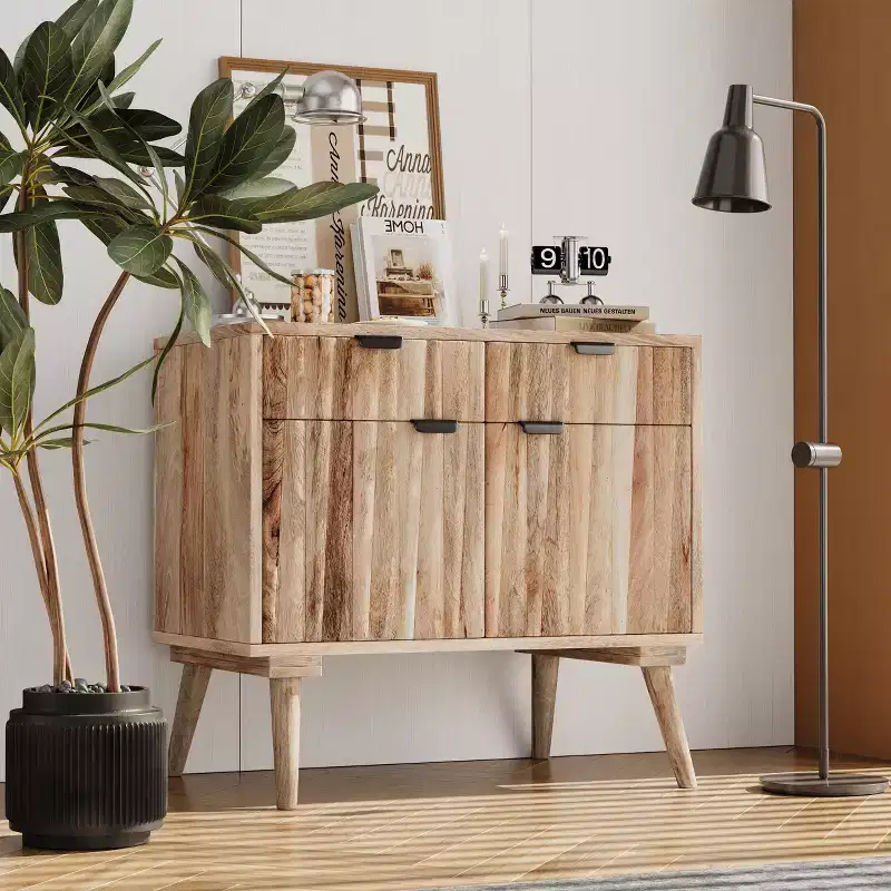 Accent Cabinet with 2 Drawers, Natural Grain Mango Wood Sideboard Storage Cabinet