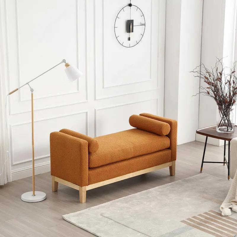 Elegant 53.5 Upholstered Ottoman Bench with Wood Legs & Bolster Pillows