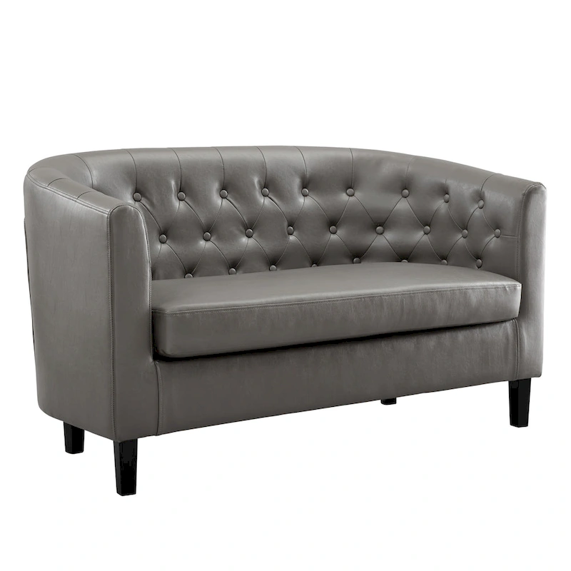 Midcentury Modern Button Tufted Faux Leather Barrel Loveseat - Comfy Tub Loveseat Sofa