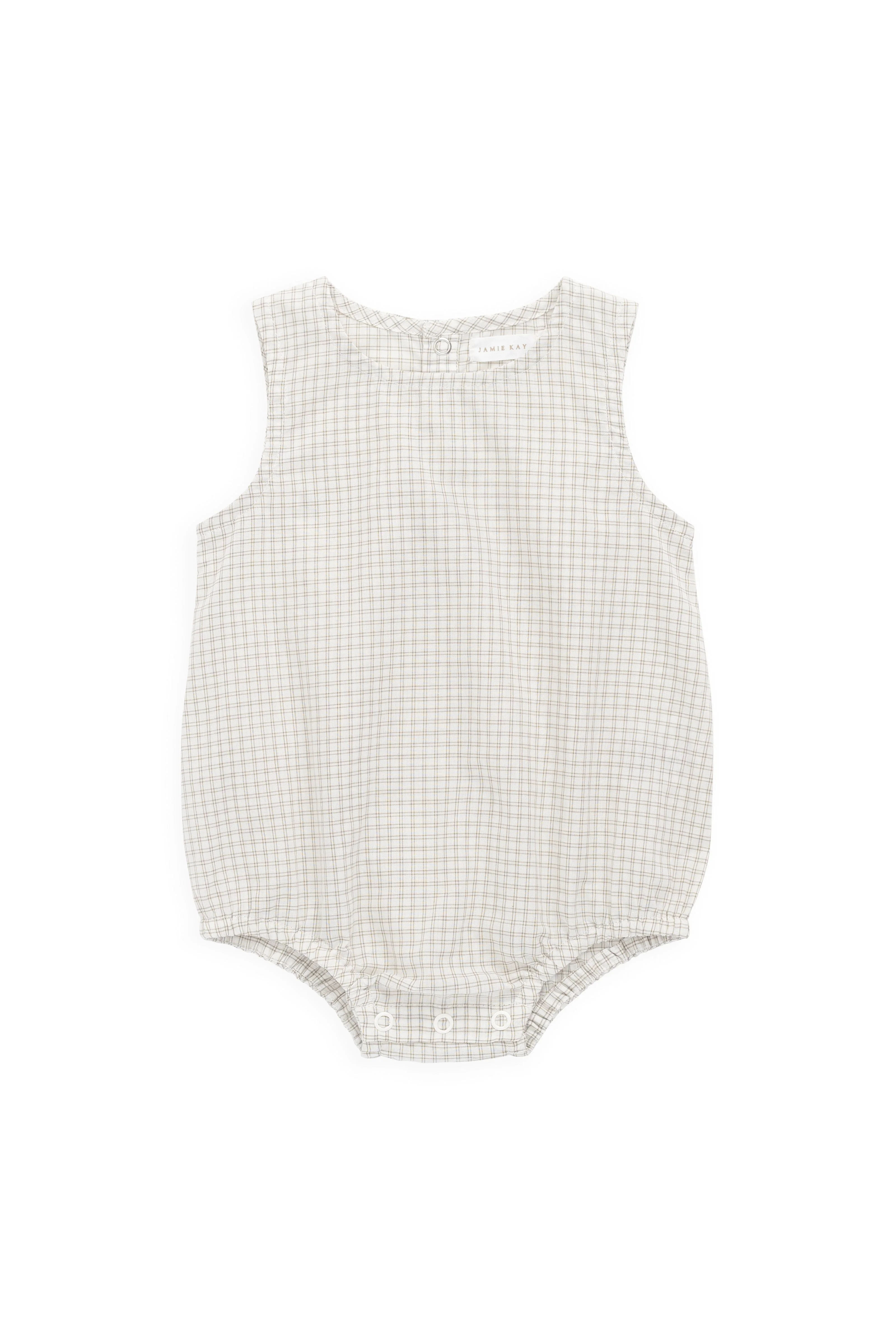 Lightweight Pecan Windowpane Check Organic Cotton Sleeveless Playsuit with Snap Closure for Warm Weather 0M–2Y