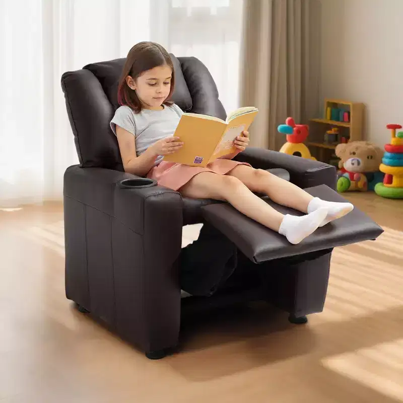VEVOR Kids Reclining Chair, Toddler Recliner with Cup Holder, 101 to 121 Adjustable Backrest, Easy-to-Clean PU Leather Recliner Couch, Brown