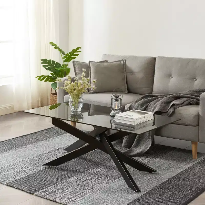 Modern Glass Coffee Table with Tempered Top and Geometric Metal Legs for Living Room