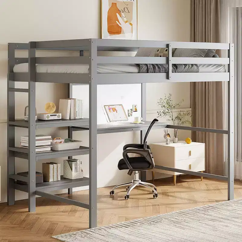 Wooden Loft Bed with Shelves, Desk and Writing Board - ModernLuxe