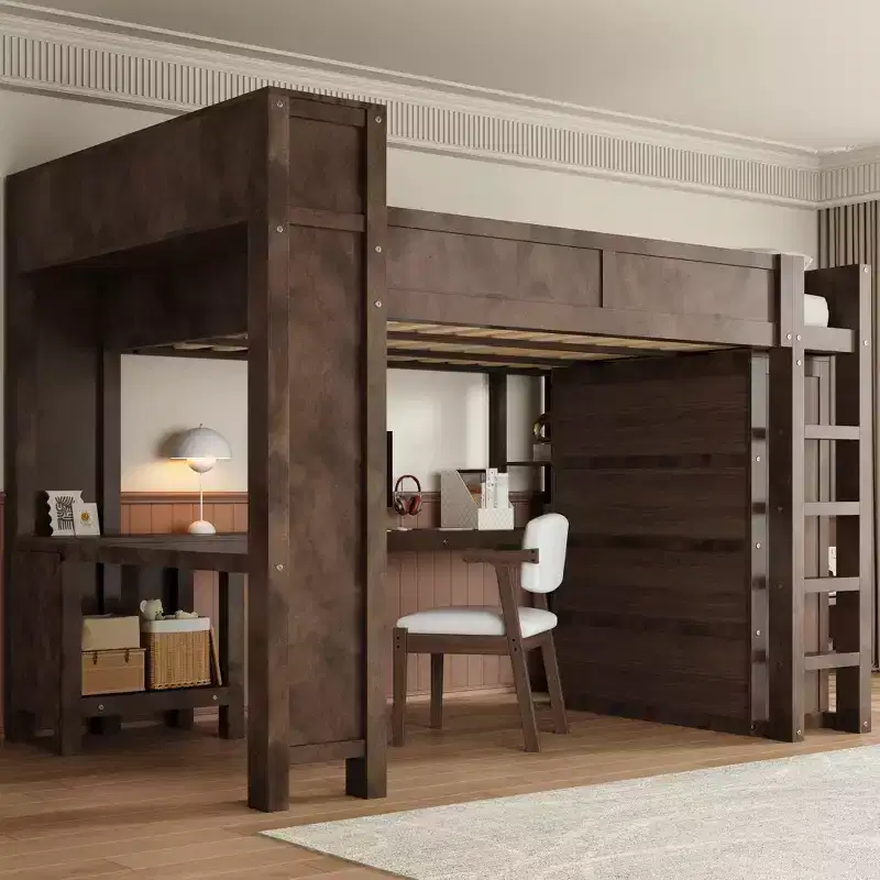 Queen Size Loft Bed with Wardrobe and Desk, Queen Solid Wood Loft Bed with Storage Shelves USB Charging Station