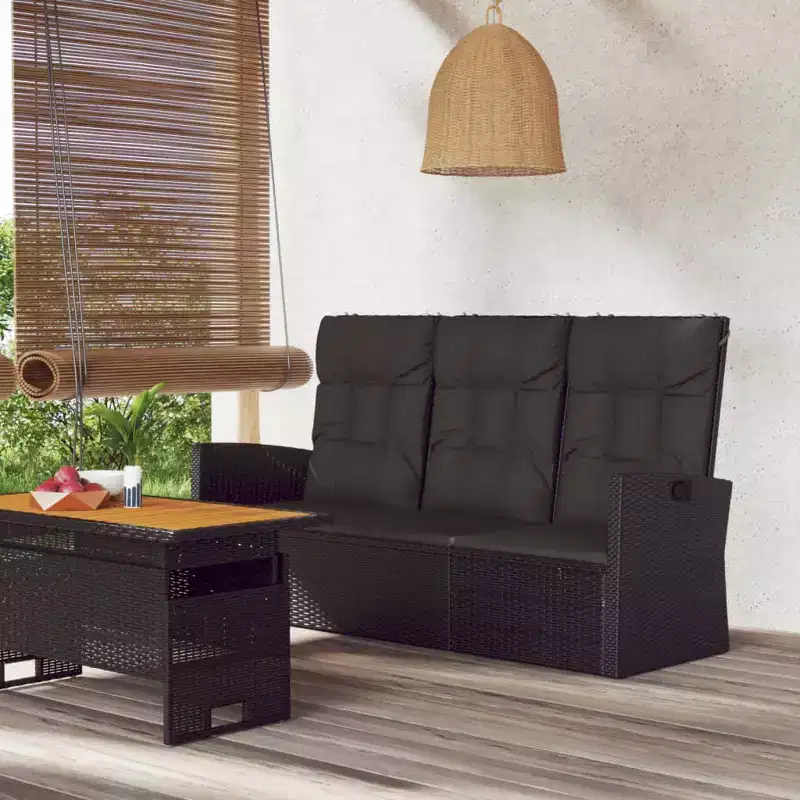 Garden Bench Black Poly rattan 3 Seater Adjustable Armrests
