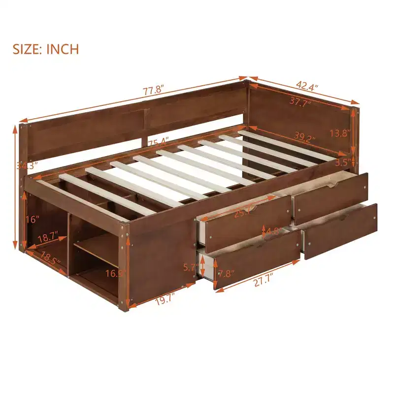 Luxystar Twin Size Wooden Daybed with 4 Drawers and Shelves