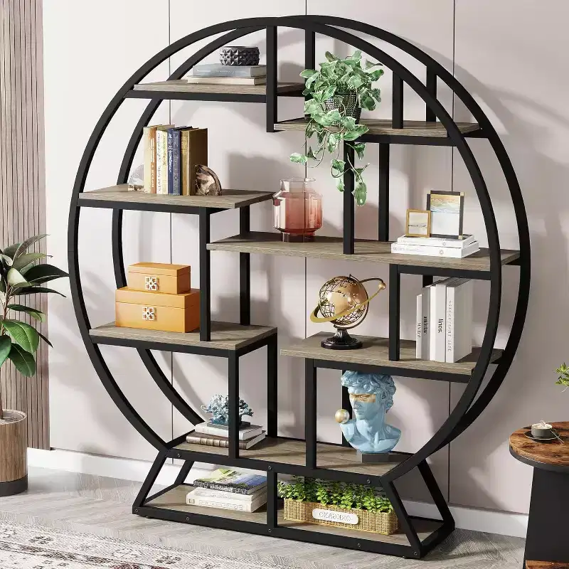 63 Inch Industrial Wood Bookcase with Staggered Shelves, Shelving Organizer Rack Display Shelf for Home Office, Living Room, Grey