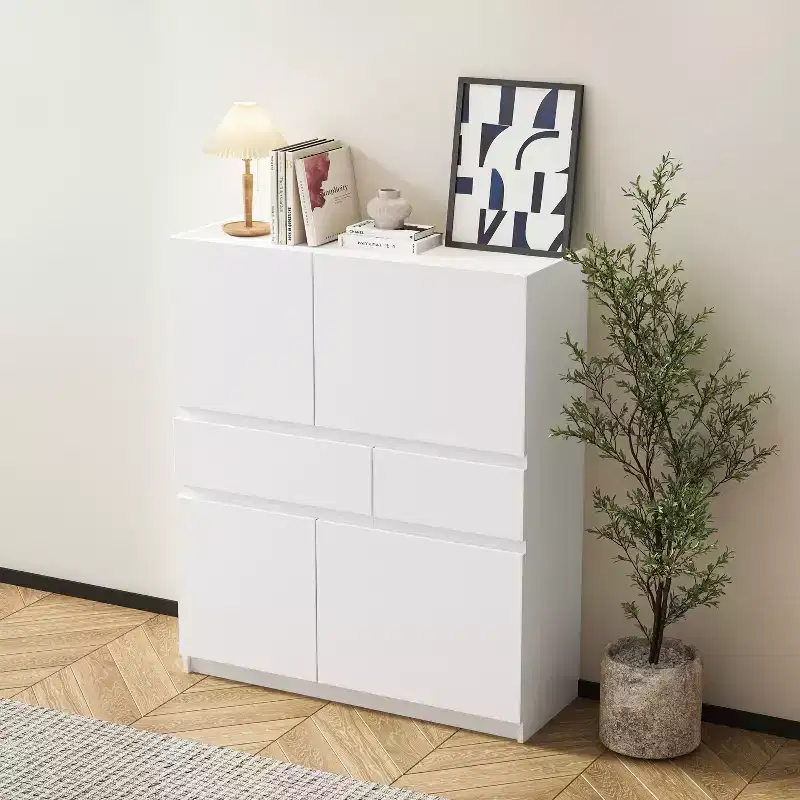 White Wooden Storage Cabinet With 4 Doors And 2 Drawers