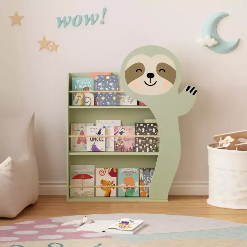 Sloth Kids Bookshelf, Front-Facing Toddler Book Display Rack with 3 Tiers, Cute Animal Design, Wooden Nursery Bookshelf for Playroom