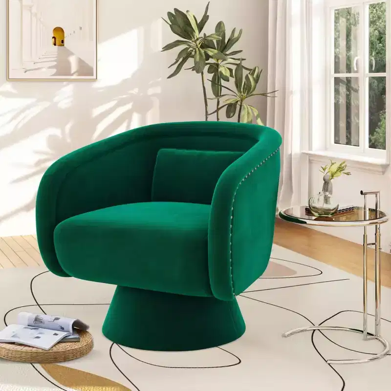 Mid Century Swivel Accent Chair 360 Green Upholstered Barrel Chair with Lumbar Pillow