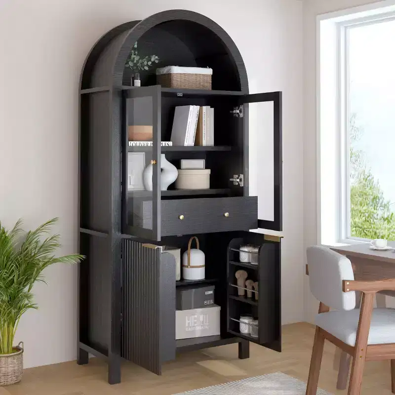 71 Tall Kitchen Pantry Cabinet with Glass Doors, Freestanding Display Storage Cabinet for Kitchen, Dining Room, or Living Room
