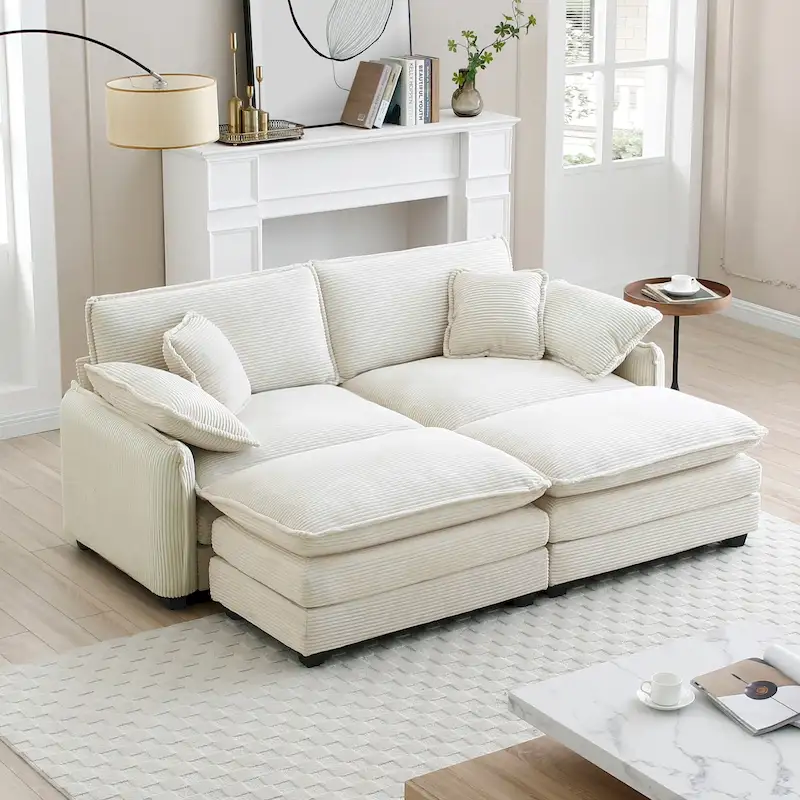 Beige 4-piece Corduroy Upholstered Modular Sleeper Sectional Sofa with 2 Removable Ottoman and 4 Pillows, Free Combination