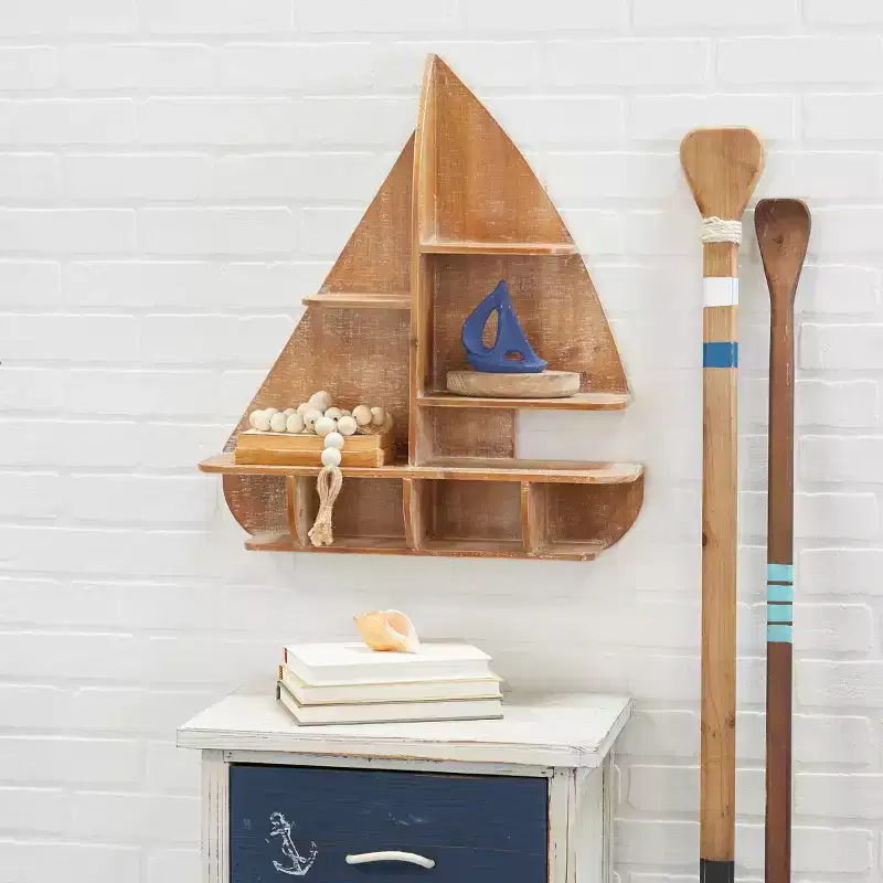 24"x21" Wood Sail Boat 8 Cubbies Wall Shelf Brown - Olivia & May: Nautical Storage, No Hooks