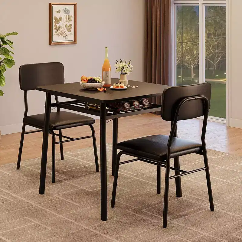 3-Piece Dining Table Set for 2, Wood Kitchen, Small Kitchen Table, Upholstered Chairs and Metal Frame, for Small Space, Apartment
