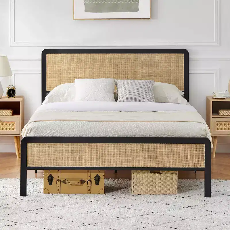 GustoWave Full Size Metal Bed Frame for Adult w/Rattan Headboard and Footboard, Under Bed Storage, No Box Spring Needed