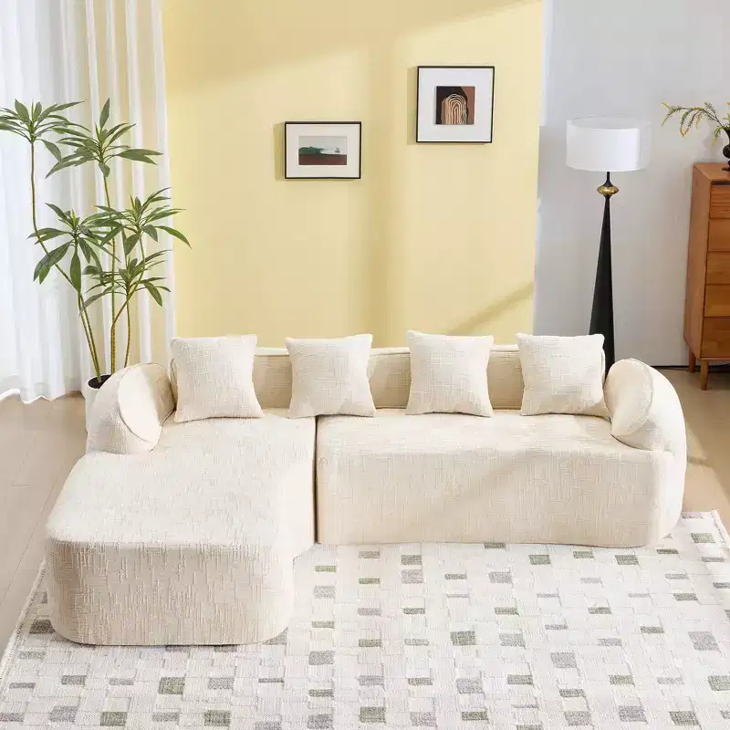 Beige Chenille L-Shape Sofa w/ Curved Arms & 4 Pillows  Neutral, Plush, Space-Smart