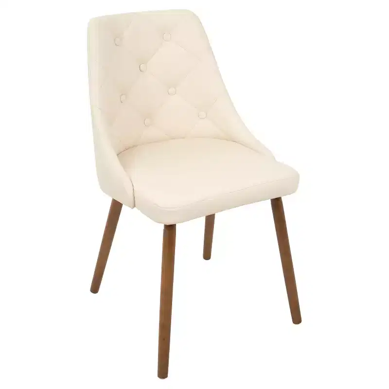 Mid Century Modern Dining Chair Cream - Upholstered, Walnut Finish, Faux Leather