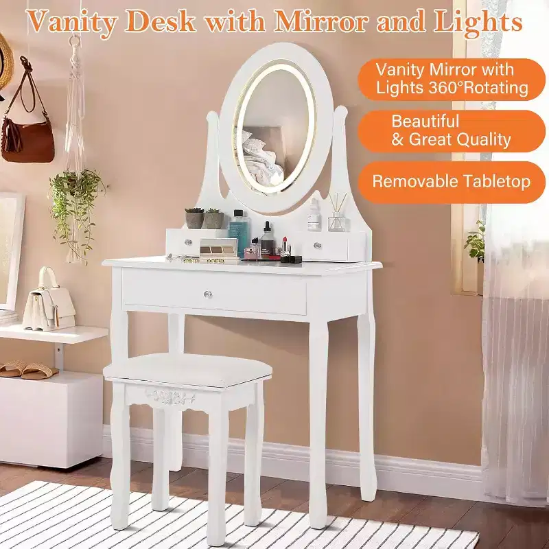 Vanity Desk With Mirror and Lights, Wood Makeup Dressing Table With Oval Mirror & Stool