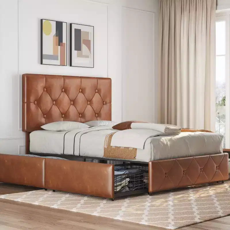 Yaheetech Upholstered Faux Leather Bed Frame with Adjustable Headboard