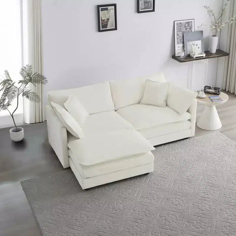 MAYEERTY Chenille Two Seater Sofa with Footrest Ottoman L Shaped Sectional for Small Living Room White