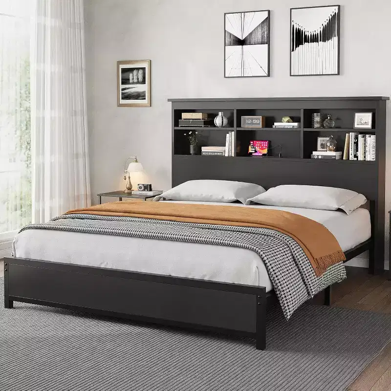 Bed Frame with Lattice Bookcase Headboard, Double Storage Platform Bed with Charging Station, No Box Spring Required, Easy to Assemble, Black