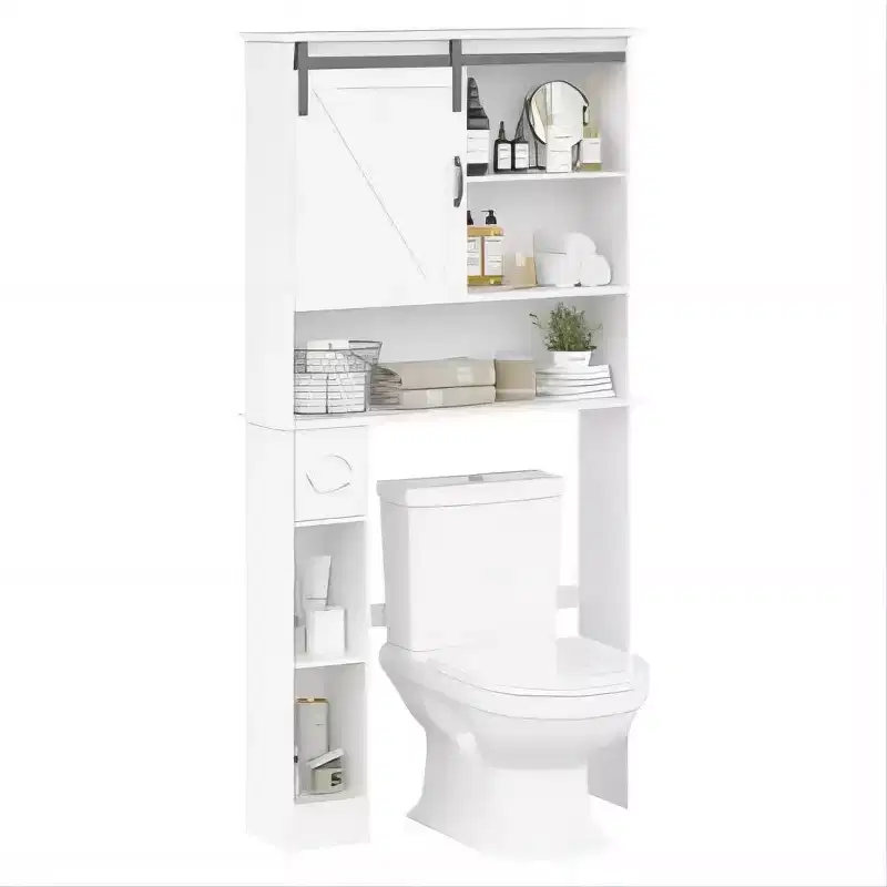 White Over Toilet Storage Cabinet with Barn Door and Tissue Holder, Freestanding MDF Bathroom Organizer with 2 Doors and Shelf