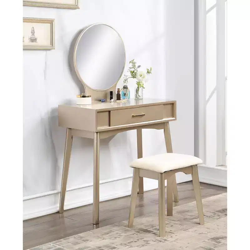 Okak Contemporary Wooden Vanity Desk with Stool, Makeup Vanity with Round Mirror and 1 Drawer, Girls Vanity for Bedroom, Dressing Room