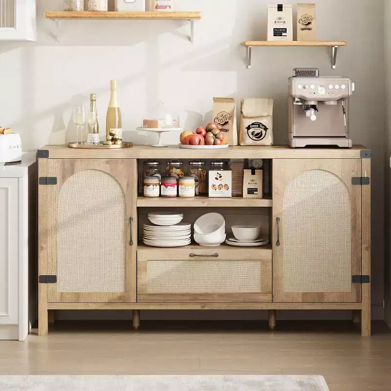 47.2'' Rattan Buffet Cabinet with Storage, Kitchen Coffee Bar Cabinet with Doors and Drawer, Boho Farmhouse Sideboard