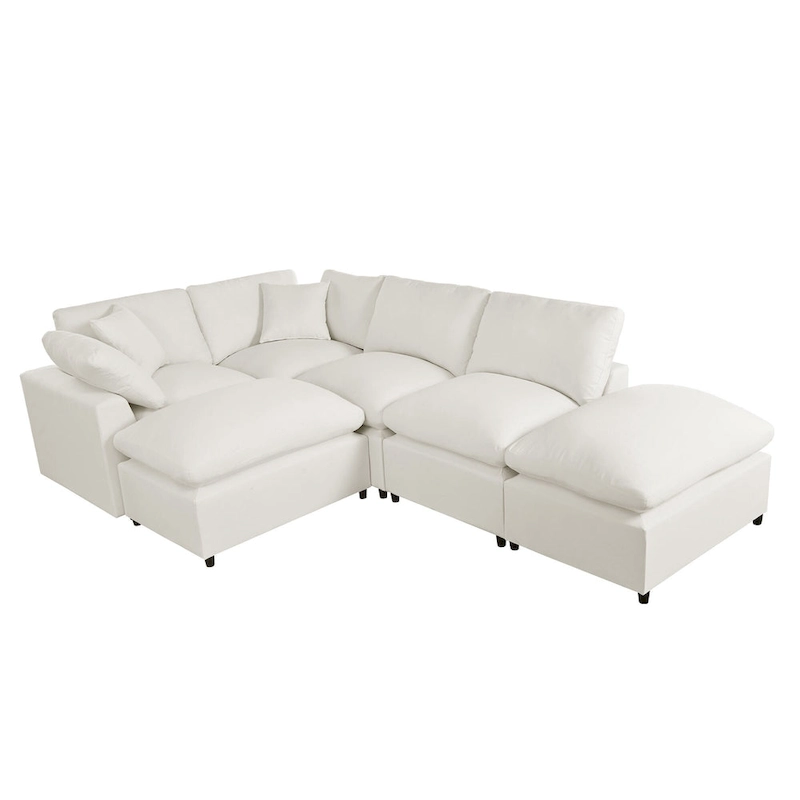 Beige 134.40 Modern U-Shaped 6 Seater Sectional Sofa with 2 Large Chaises, Removable Ottomans and Soft Cushions