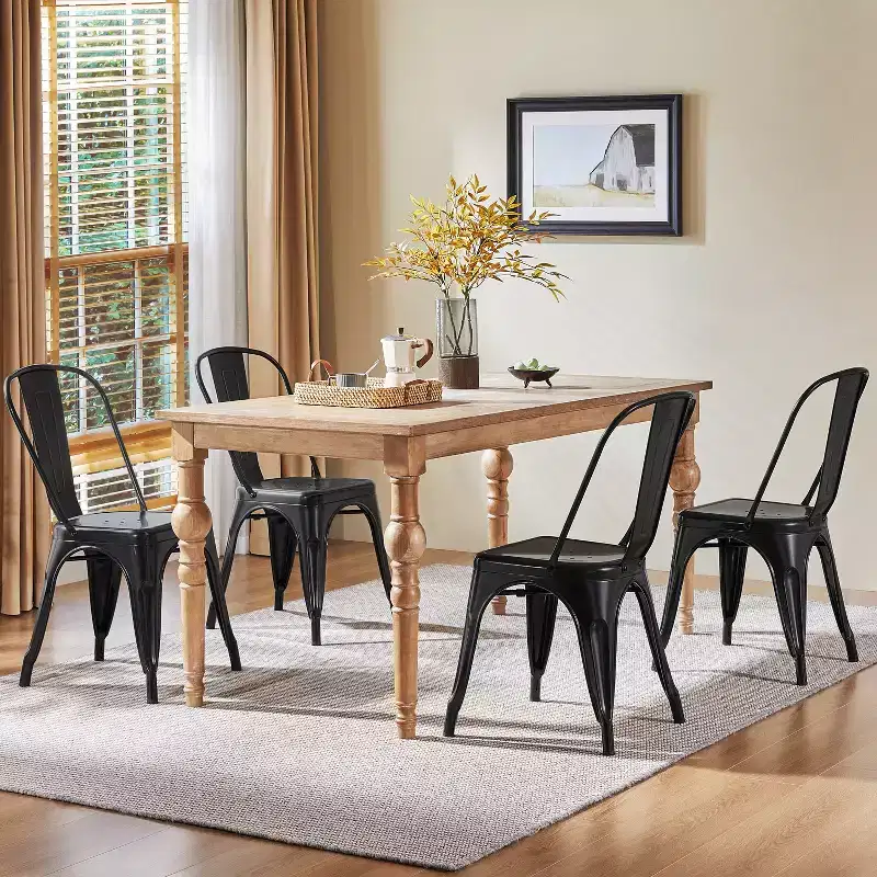 Stackable Metal Dining Chair, Set of 4 (Black / Distressed White / Metal)