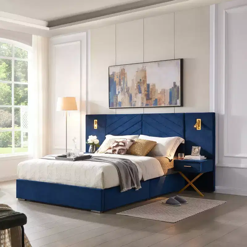 Modern Velvet Upholstered Bed Frame with Wingback Headboard, LED Lights, and 2 Floating Bedside Tables